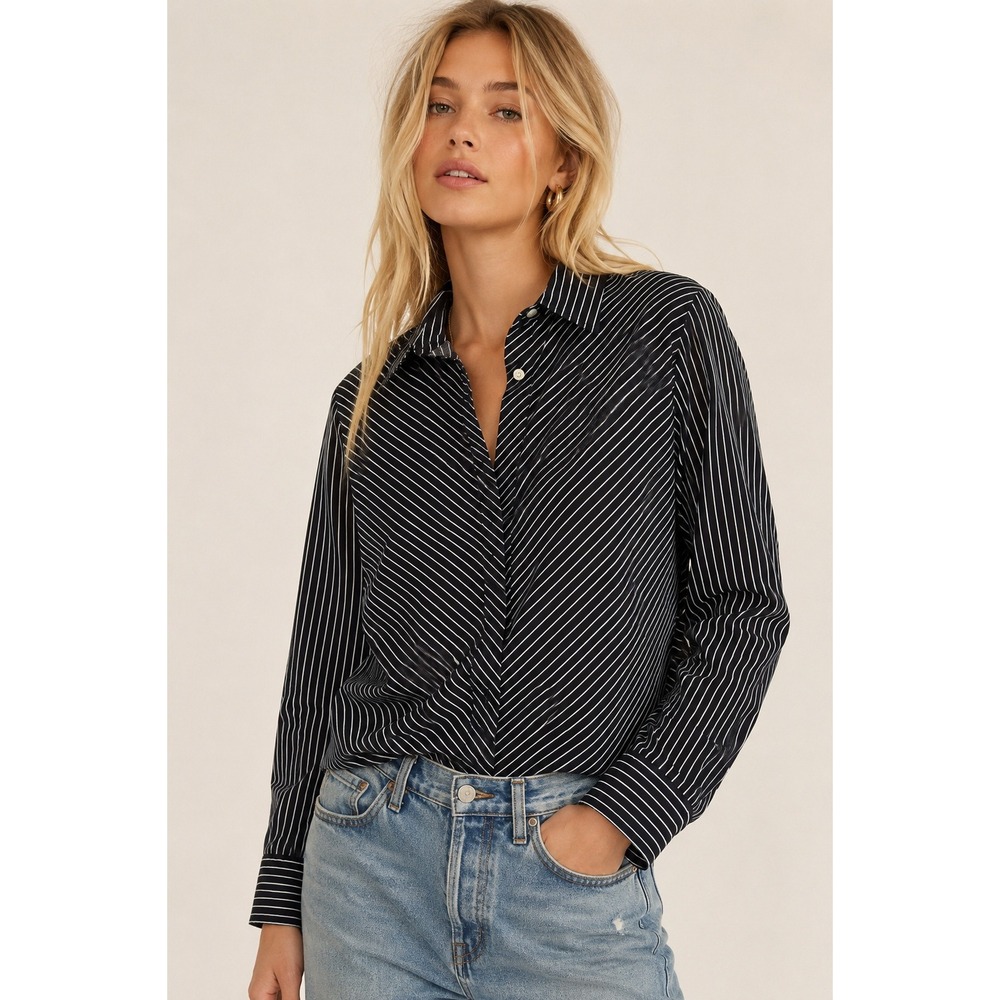 Chaps Petite Navy Blue White Pinstripe Button Down Shirt Cotton Blouse P/L